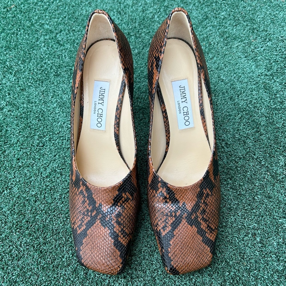 Jimmy Choo Marcela Snake Print Heel Leather Brown Black 39.5 - Picture 11 of 14